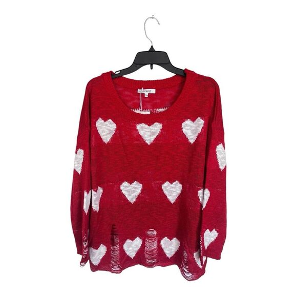 NWT Miracle | Red White Juliet’s Heart Gauge Slub Sweater Top S/M - Picture 2 of 7